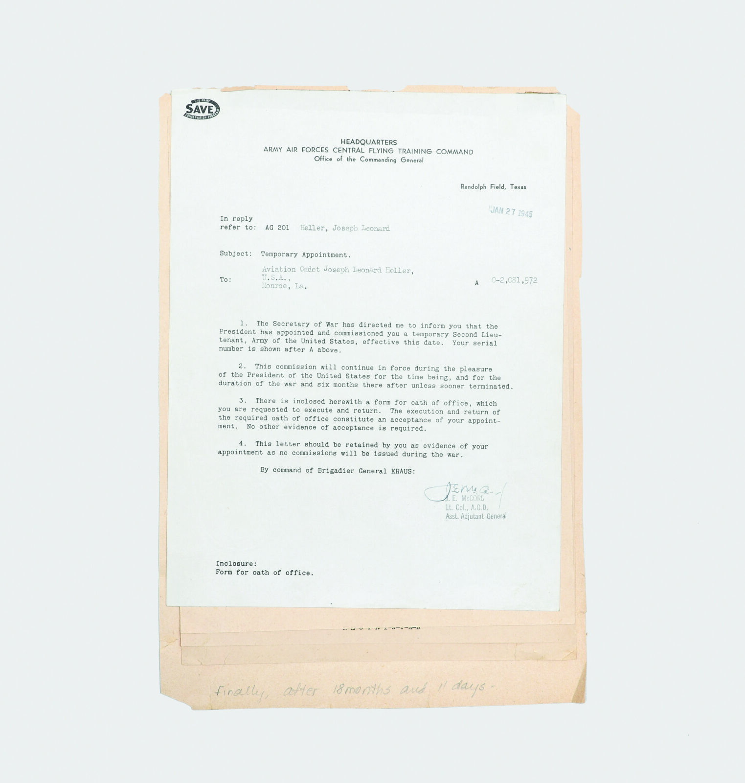 A 1945 Army commission appointing future Catch-22 author Joseph Heller a second lieutenant is among the rare historical documents Peter Harrington will bring to the Dallas Antiquarian Book Fair. (Photo by Andrey & Melissa PR)