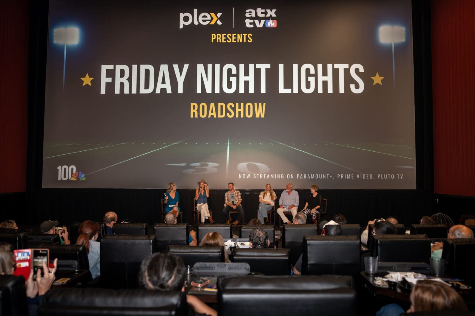 Moderator Sarah Hepola with "Friday Night Lights" cast members Adrianne Palicki, Derek Phillips, Stacey Oristano, Brad Leland, and Louanne Stephens.  (Photo by Ash Gerl Creative for Plex)