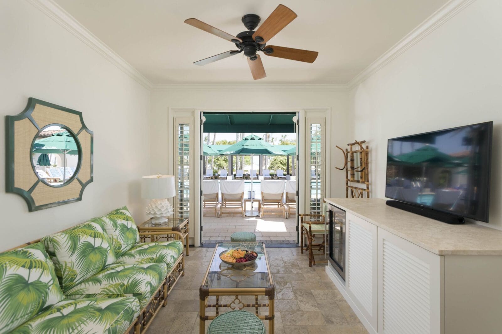 Splurge and rent the private cabana! At the adult-only pool, the air-conditioned private cabana also includes four poolside chaise lounges underneath umbrellas, ensuring optimal position in the sun or shade. (Photo by Sea Island)