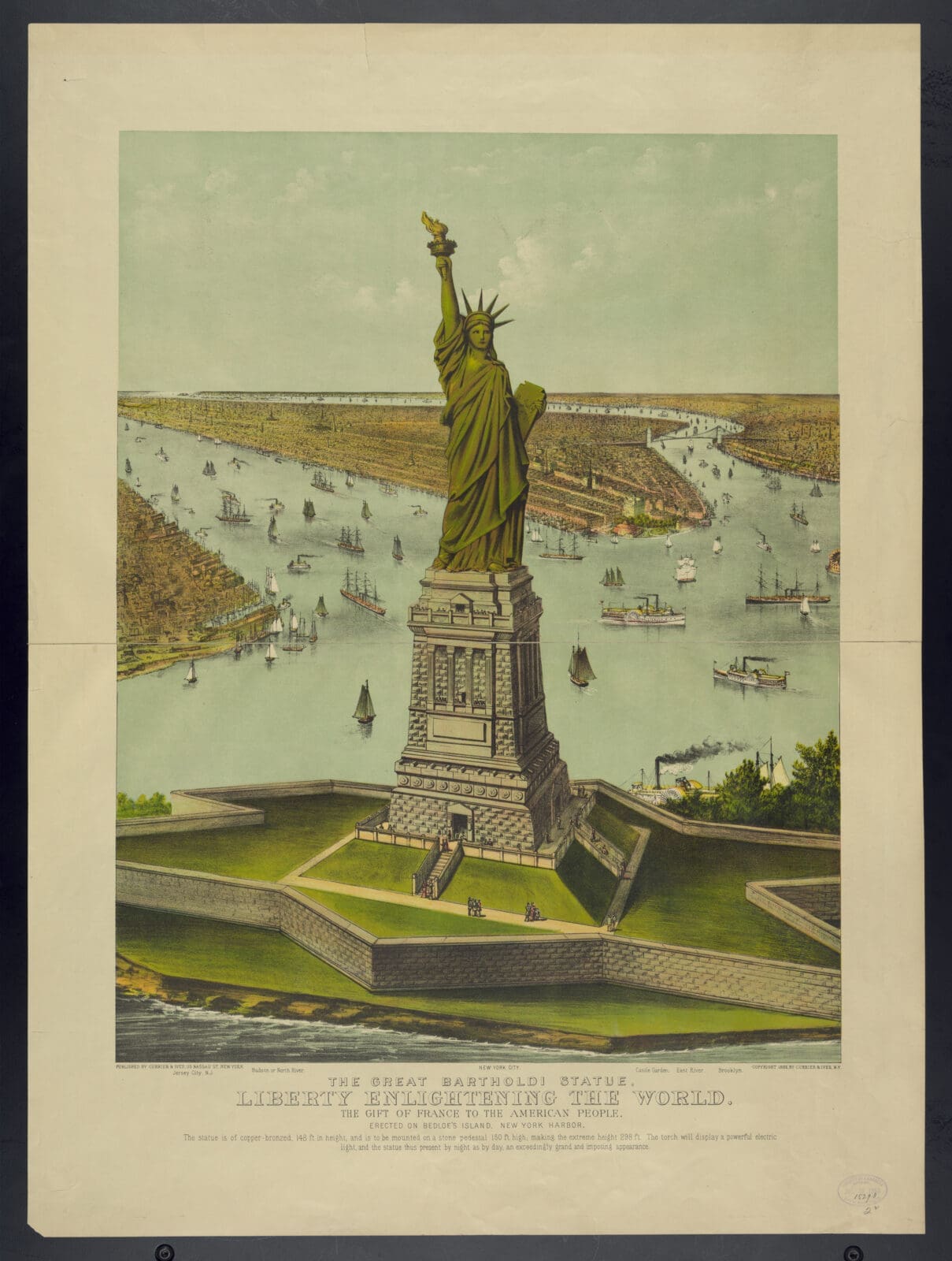 Currier & Ives' "The Great Bartholdi Statue —Liberty Enlightening the World, the Gift of France to the American People" reflects the widespread fascination with the Statue of Liberty even before its 1886 dedication. (Courtesy)