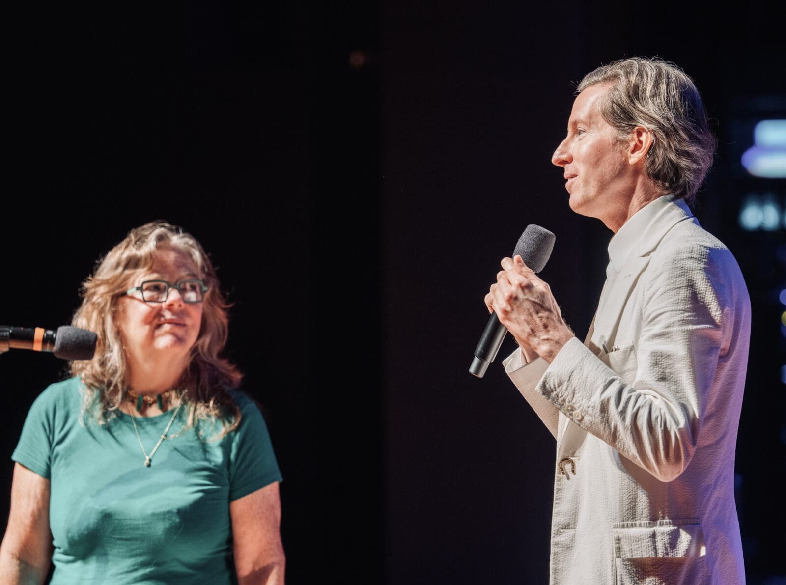 Arthouse Houston co-founder and president Maureen McNamara and the eponymous filmmaker in Wes Anderson Homecoming Soirée at Zilkha Hall, Hobby Center, to save Garden Oaks Theater. (Photo by Alan Nguyen)