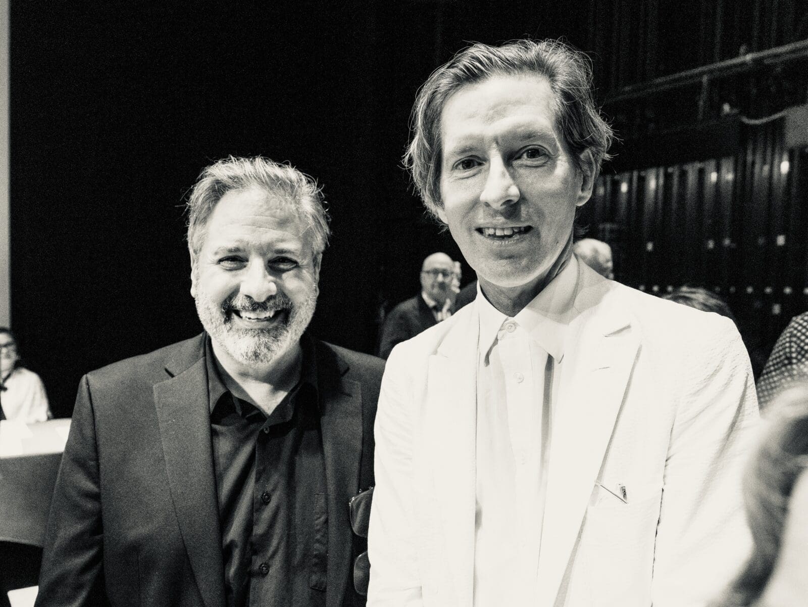 Houston Public Media's Ernie Manouse, Wes Anderson. TV and radio personality Manouse did auctioneer duties for Wes Anderson Homecoming Soirée to save Garden Oaks Theater. (Photo by Alan Nguyen) 