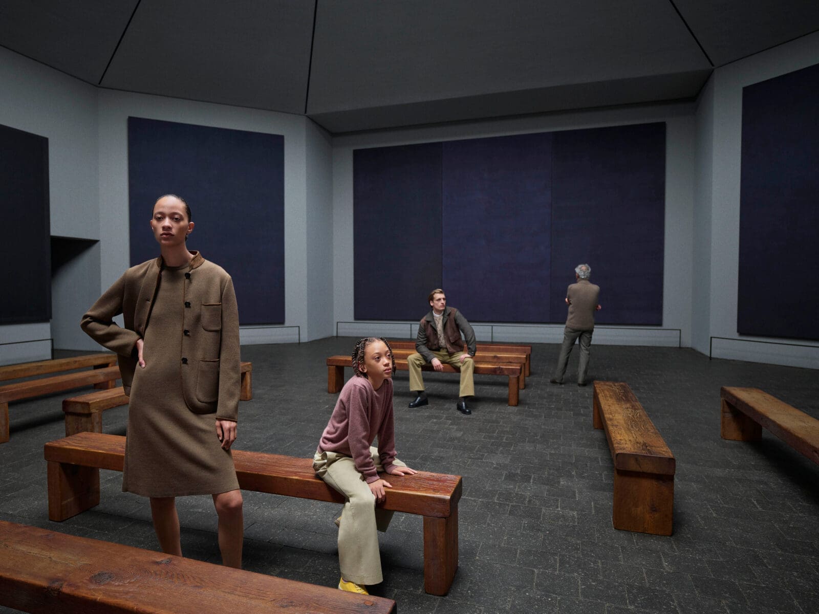 Loro Piana's "A Day in Houston" campaign also features the renowned Rothko Chapel, which was built in 1971 and houses 14 canvases by Mark Rothko. (Courtesy of Loro Piana; Location Credit: The Rothko Chapel, Houston, Texas; Photo by Mario Sorrenti)
