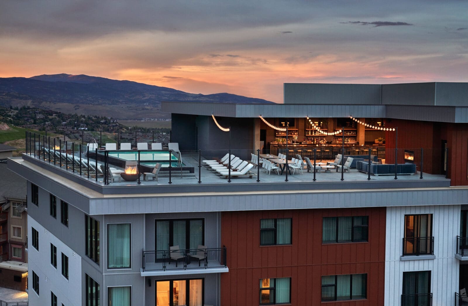 The rooftop pool is a popular gathering spot for guests throughout the year.  (Photo by Pendry Park City)