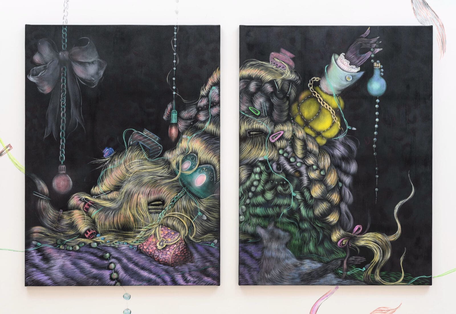 Bea Scaccia, "Princess wigs on the move, le bionde di mio padre [...My father_s blondes]," 2025, at Richard Saltoun Gallery (© Bea Scaccia. Courtesy Richard Saltoun Gallery London, Rome, and New York.)