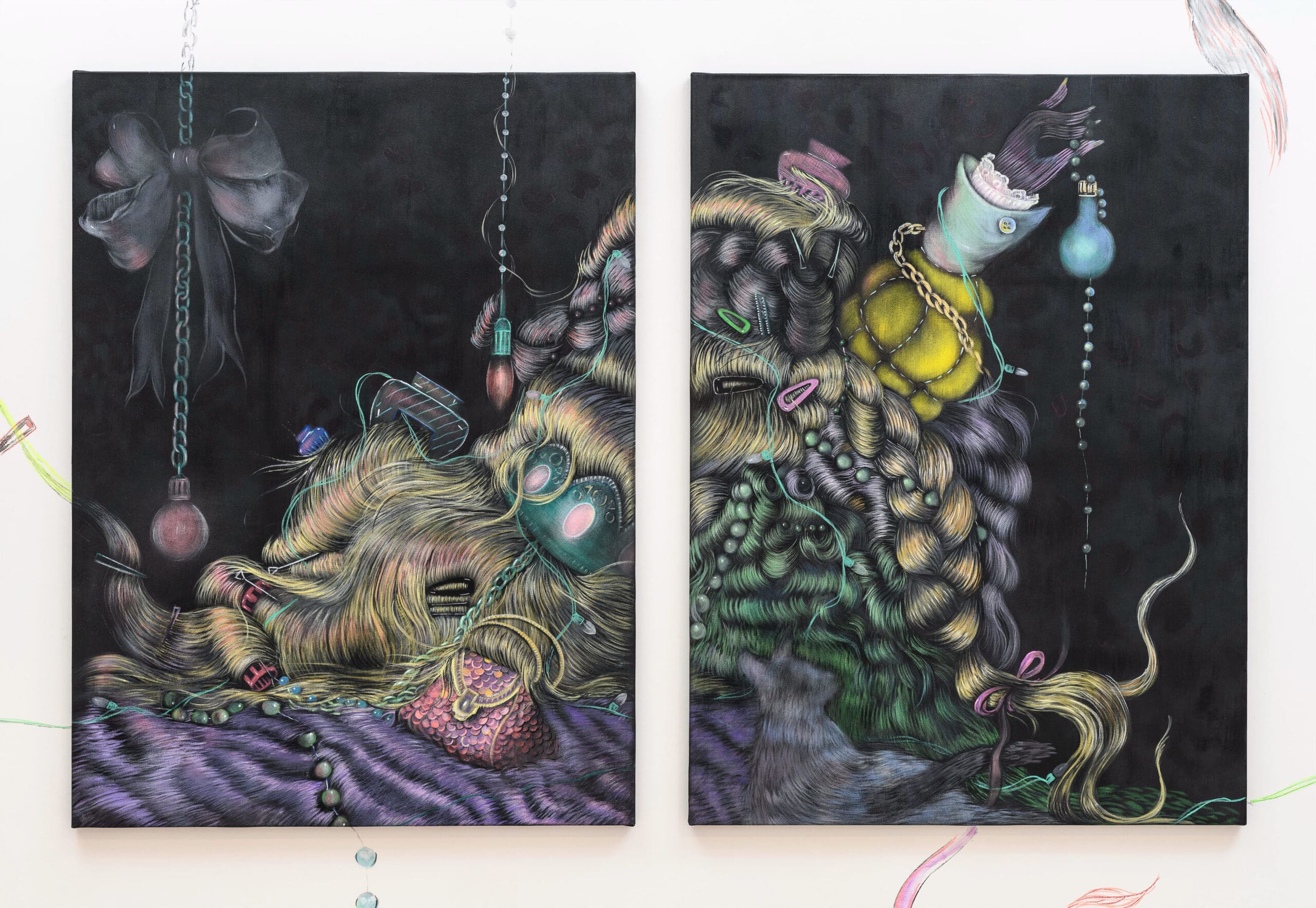 Princess wigs on the move, le bionde di mio padre […My father_s blondes], Bea Scaccia, Acrylic and airbrush on canvas, 2025