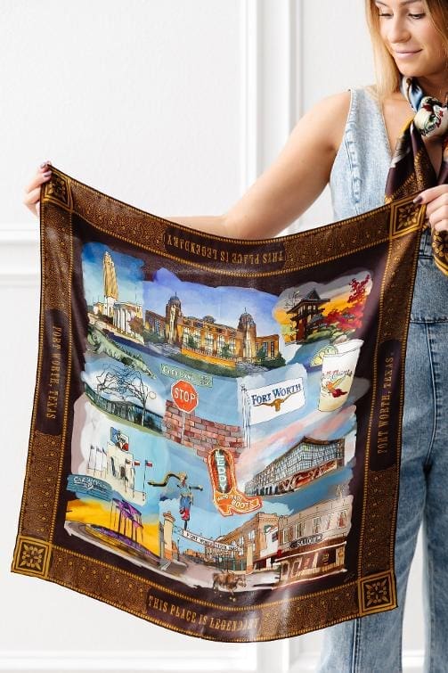 The custom Wild Silks scarf presented to Princess Takamado highlights Fort Worth's cultural districts. (Photograph by Brooks Burris for Visit Fort Worth)